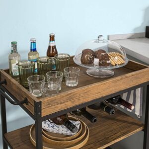 Haotian FKW56-N, Bar Serving Cart, Home Myra Rustic Mobile Kitchen Serving cart with Removable Tray, Industrial Vintage Style Wood Metal Serving Trolley (Brown)