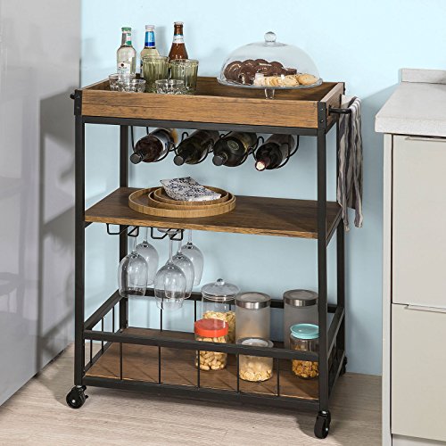 Haotian FKW56-N, Bar Serving Cart, Home Myra Rustic Mobile Kitchen Serving cart with Removable Tray, Industrial Vintage Style Wood Metal Serving Trolley (Brown)