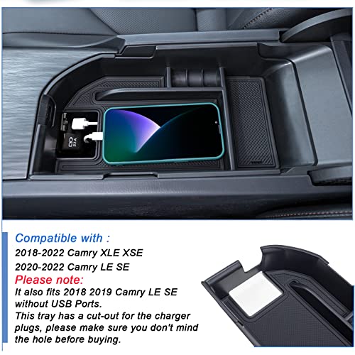 TOPINSTALL Center Console Tray Compatible with 2018-2023 Toyota Camry XLE XSE and 2020-2023 Camry LE SE with Dual USB Ports, Interior Accessories Armrest Storage Console Organizer Insert ABS Material