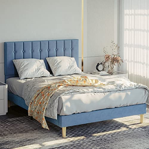 LIKIMIO Queen Bed Frame with Headboard, Velvet Upholstered Platform Bed Frame with Strong Wooden Slats/No Box Spring Needed, Light Blue/Easy Assembly, Light Blue