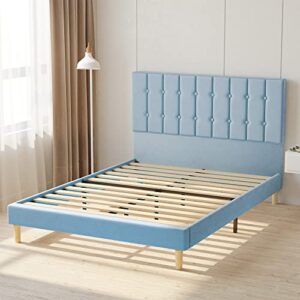 LIKIMIO Queen Bed Frame with Headboard, Velvet Upholstered Platform Bed Frame with Strong Wooden Slats/No Box Spring Needed, Light Blue/Easy Assembly, Light Blue