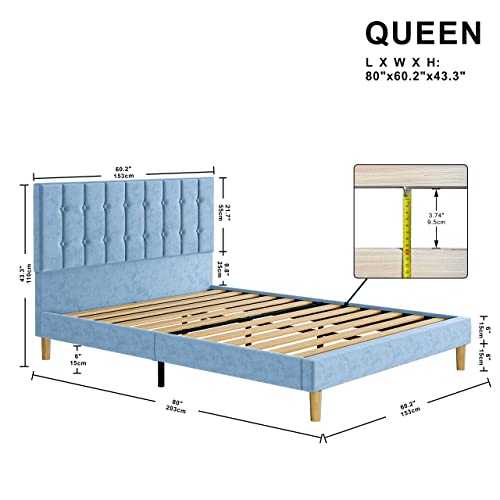 LIKIMIO Queen Bed Frame with Headboard, Velvet Upholstered Platform Bed Frame with Strong Wooden Slats/No Box Spring Needed, Light Blue/Easy Assembly, Light Blue