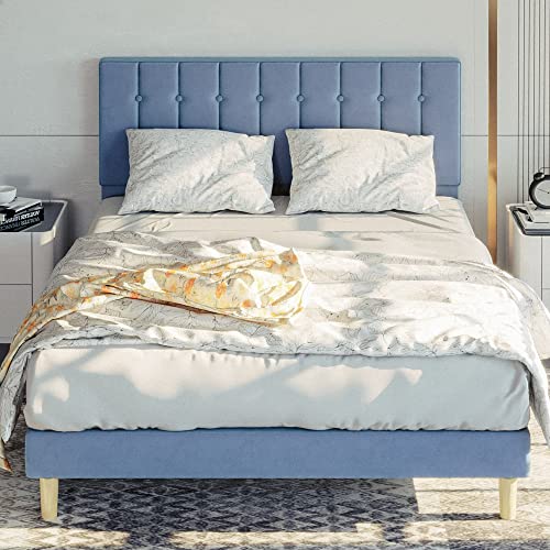 LIKIMIO Queen Bed Frame with Headboard, Velvet Upholstered Platform Bed Frame with Strong Wooden Slats/No Box Spring Needed, Light Blue/Easy Assembly, Light Blue