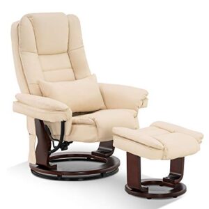 mcombo recliner with ottoman chair accent recliner chair with vibration massage, removable lumbar pillow, 360 degree swivel wood base, faux leather 9096 (cream white)