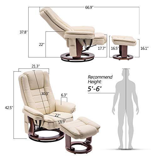 MCombo Recliner with Ottoman Chair Accent Recliner Chair with Vibration Massage, Removable Lumbar Pillow, 360 Degree Swivel Wood Base, Faux Leather 9096 (Cream White)