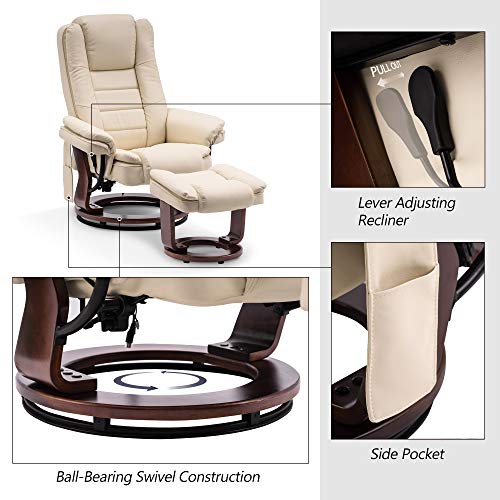 MCombo Recliner with Ottoman Chair Accent Recliner Chair with Vibration Massage, Removable Lumbar Pillow, 360 Degree Swivel Wood Base, Faux Leather 9096 (Cream White)