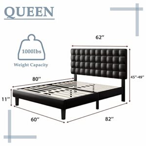 Feonase Queen Bed Frame with Square Stitched Headboard, Faux Leather Upholstered Platform Bed Frame, High-Density Sponge Filled, Solid Wood Slats, No Box Spring Needed, Noise-Free, Black