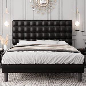 feonase queen bed frame with square stitched headboard, faux leather upholstered platform bed frame, high-density sponge filled, solid wood slats, no box spring needed, noise-free, black