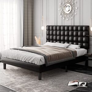 Feonase Queen Bed Frame with Square Stitched Headboard, Faux Leather Upholstered Platform Bed Frame, High-Density Sponge Filled, Solid Wood Slats, No Box Spring Needed, Noise-Free, Black