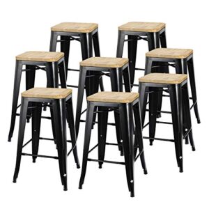 zeny set of 8 metal bar stools 26″ counter height with wooden seat stackable indoor/outdoor barstools, 330 lbs capacity
