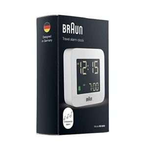 Braun Digital Travel Alarm Clock with Snooze, Compact Size, Negative LCD Display, Quick Set,Crescendo Beep Alarm in White, Model BC08W.