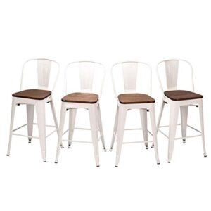 haobo home metal bar stools modern industrial counter height stools dining chairs (24″, high back white wooden seat)[set of 4]