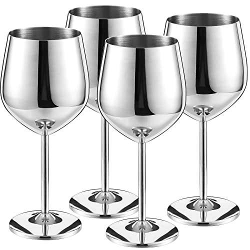 Set of 4 Stainless Steel Wine Glass 18 oz Silver Unbreakable Wine Glasses Elegant Modern Wine Glasses Portable Metal Wine Glass Wine Cup with Stems Stainless Steel Wine Tumbler for Drinking Goblets