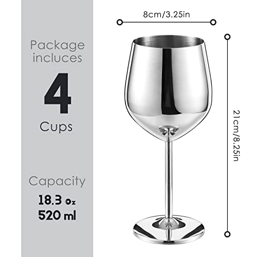 Set of 4 Stainless Steel Wine Glass 18 oz Silver Unbreakable Wine Glasses Elegant Modern Wine Glasses Portable Metal Wine Glass Wine Cup with Stems Stainless Steel Wine Tumbler for Drinking Goblets