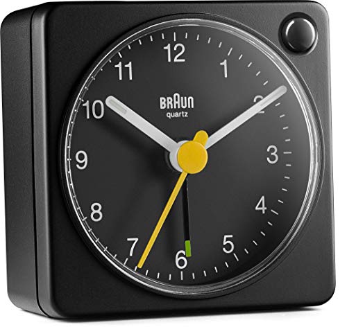 Braun Classic Travel Analogue Clock with Snooze and Light, Compact Size, Quiet Quartz Movement, Crescendo Beep Alarm in Black, Model BC02XB, One