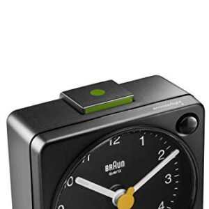 Braun Classic Travel Analogue Clock with Snooze and Light, Compact Size, Quiet Quartz Movement, Crescendo Beep Alarm in Black, Model BC02XB, One