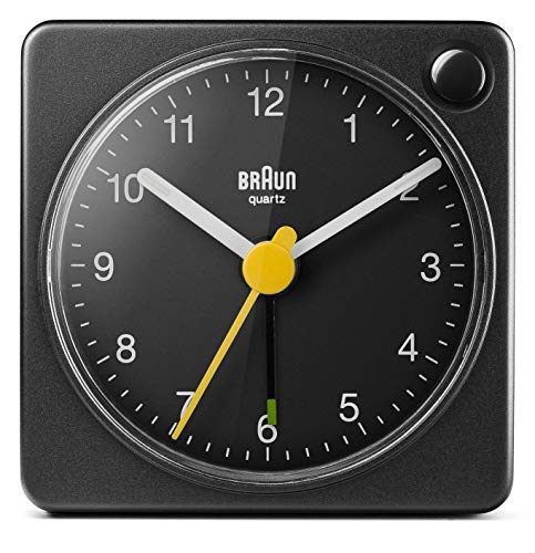 Braun Classic Travel Analogue Clock with Snooze and Light, Compact Size, Quiet Quartz Movement, Crescendo Beep Alarm in Black, Model BC02XB, One