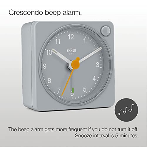 Braun Classic Travel Analogue Alarm Clock with Snooze and Light, Compact Size, Quiet Quartz Movement, Crescendo Beep Alarm in Grey, Model BC02XG