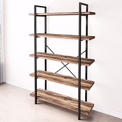 45MinST 5-Tier Vintage Industrial Style Bookcase/Metal and Wood Bookshelf Furniture for Collection,Vintage Brown, 3/4/5 Tier (5-Tier)