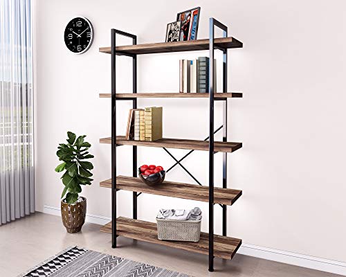 45MinST 5-Tier Vintage Industrial Style Bookcase/Metal and Wood Bookshelf Furniture for Collection,Vintage Brown, 3/4/5 Tier (5-Tier)