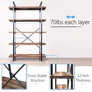 45MinST 5-Tier Vintage Industrial Style Bookcase/Metal and Wood Bookshelf Furniture for Collection,Vintage Brown, 3/4/5 Tier (5-Tier)