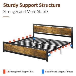 Codesfir King Size Bed Frame, Platform Metal Bed Frame King with Industrial Wood Headboard and 12 Strong Support Metal Legs, Easy Assembly, Noise-Free, No Box Spring Needed