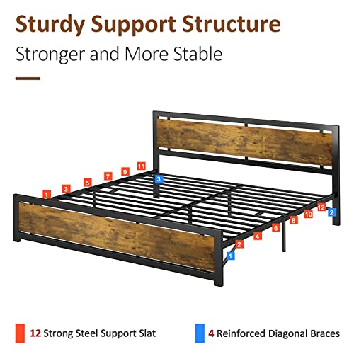 Codesfir King Size Bed Frame, Platform Metal Bed Frame King with Industrial Wood Headboard and 12 Strong Support Metal Legs, Easy Assembly, Noise-Free, No Box Spring Needed