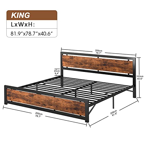 Codesfir King Size Bed Frame, Platform Metal Bed Frame King with Industrial Wood Headboard and 12 Strong Support Metal Legs, Easy Assembly, Noise-Free, No Box Spring Needed