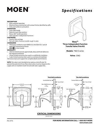 Moen T4612BG Voss Diverter 3-Function Shower Transfer Valve Trim Kit, Valve Required, Brushed Gold