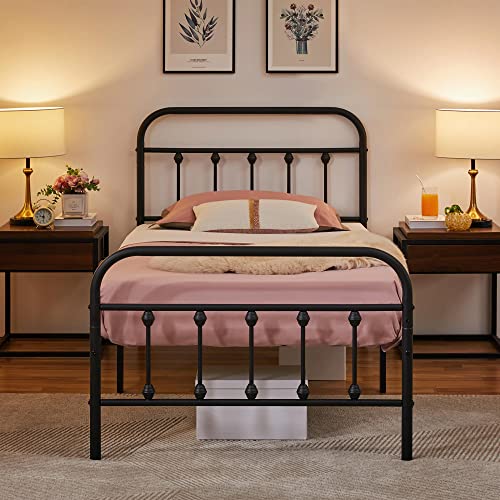 Topeakmart Twin Size Victorian Style Metal Bed Frame with Headboard/Mattress Foundation/No Box Spring Needed/Under Bed Storage/Strong Slat Support Black