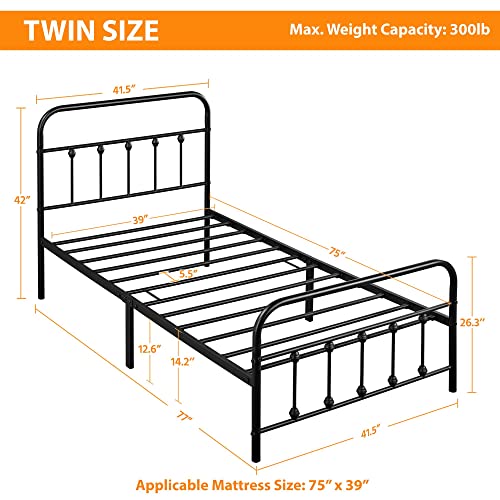 Topeakmart Twin Size Victorian Style Metal Bed Frame with Headboard/Mattress Foundation/No Box Spring Needed/Under Bed Storage/Strong Slat Support Black