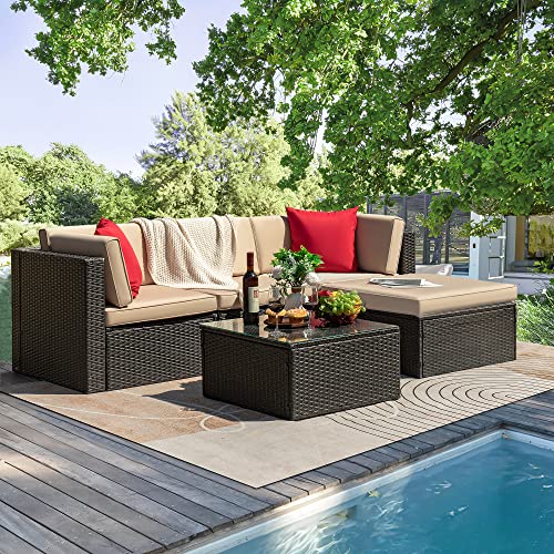 Tuoze 5 Pieces Patio Furniture Sectional Outdoor PE Rattan Wicker Lawn Conversation Cushioned Garden Sofa Set with Glass Coffee Table (Beige)