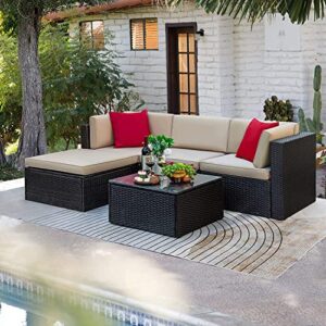 Tuoze 5 Pieces Patio Furniture Sectional Outdoor PE Rattan Wicker Lawn Conversation Cushioned Garden Sofa Set with Glass Coffee Table (Beige)