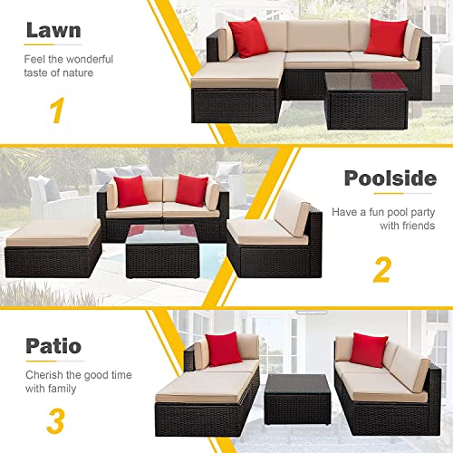 Tuoze 5 Pieces Patio Furniture Sectional Outdoor PE Rattan Wicker Lawn Conversation Cushioned Garden Sofa Set with Glass Coffee Table (Beige)