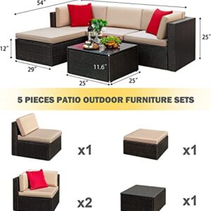 Tuoze 5 Pieces Patio Furniture Sectional Outdoor PE Rattan Wicker Lawn Conversation Cushioned Garden Sofa Set with Glass Coffee Table (Beige)