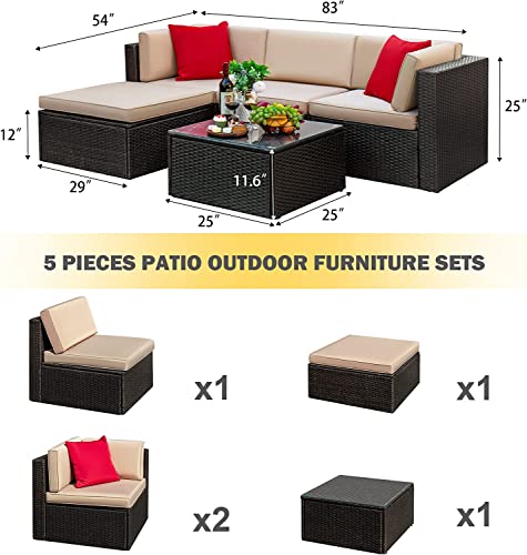 Tuoze 5 Pieces Patio Furniture Sectional Outdoor PE Rattan Wicker Lawn Conversation Cushioned Garden Sofa Set with Glass Coffee Table (Beige)