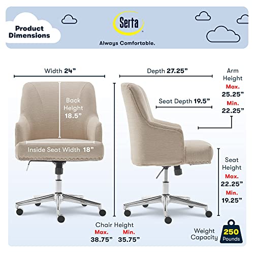 Serta Leighton Home Office Chair with Memory Foam, Height-Adjustable Desk Accent Chair with Chrome-Finished Stainless-Steel Base, Twill Fabric, Stoneware Beige