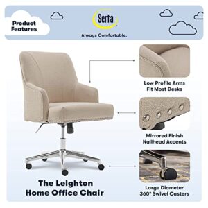 Serta Leighton Home Office Chair with Memory Foam, Height-Adjustable Desk Accent Chair with Chrome-Finished Stainless-Steel Base, Twill Fabric, Stoneware Beige