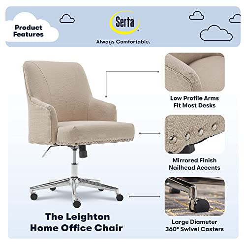 Serta Leighton Home Office Chair with Memory Foam, Height-Adjustable Desk Accent Chair with Chrome-Finished Stainless-Steel Base, Twill Fabric, Stoneware Beige