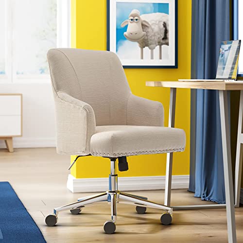 Serta Leighton Home Office Chair with Memory Foam, Height-Adjustable Desk Accent Chair with Chrome-Finished Stainless-Steel Base, Twill Fabric, Stoneware Beige