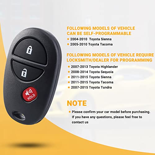 Key Fob Keyless Entry Remote Compatible with 2004-2015 Toyota Tacoma Tundra Sienna Sequoia 3 Buttons Car Key FCC: GQ43VT20T-2 Packs