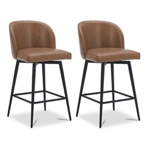 Watson & Whitely Counter Height Swivel Bar Stools, Faux Leather Upholstered Bar Stool with Back, Metal Legs in Matte Black, 26" H Seat Height, Set of 2, Saddle Brown