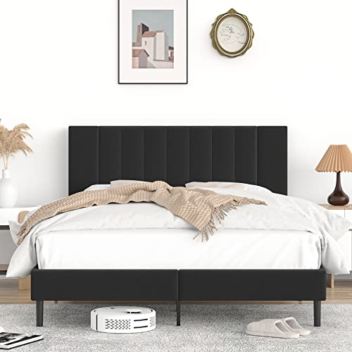 Flolinda Full Bed Frame with Velvet Upholstered Headboard, Wooden Sprung Slat Support Extend Mattress Life, Modern Platform Bed Frame No Box Spring Needed, Easy Assembly, Black