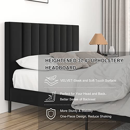 Flolinda Full Bed Frame with Velvet Upholstered Headboard, Wooden Sprung Slat Support Extend Mattress Life, Modern Platform Bed Frame No Box Spring Needed, Easy Assembly, Black