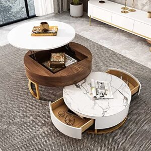 lift-top round coffee table for living room, modern retractable nesting center table with sintered stone top, fully-assembled, white