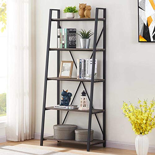 BON AUGURE Industrial Ladder Shelf, Rustic 5 Tier Leaning Bookshelf, Wood Metal Ladder Bookcase (Dark Grey Oak)