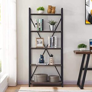 BON AUGURE Industrial Ladder Shelf, Rustic 5 Tier Leaning Bookshelf, Wood Metal Ladder Bookcase (Dark Grey Oak)