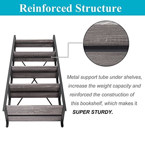 BON AUGURE Industrial Ladder Shelf, Rustic 5 Tier Leaning Bookshelf, Wood Metal Ladder Bookcase (Dark Grey Oak)