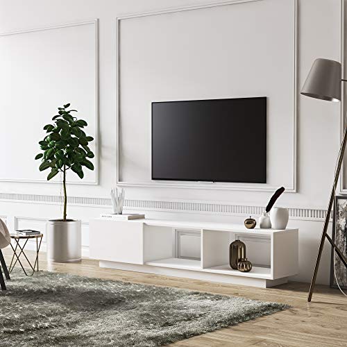 Minimadecor Modern TV Stand up to 75 inch Entertainment Center with Storage Mid-Century Smart Led TV for Living Room 70" TVs End Table, Lepando, White