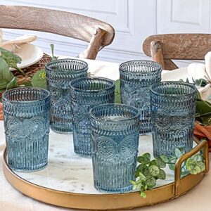 kate aspen textured striped blue drinking glasses set of 6-13 oz vintage glassware set cocktail glass set, juice glass, water cups | hostess gift, present for newlyweds or new home owners
